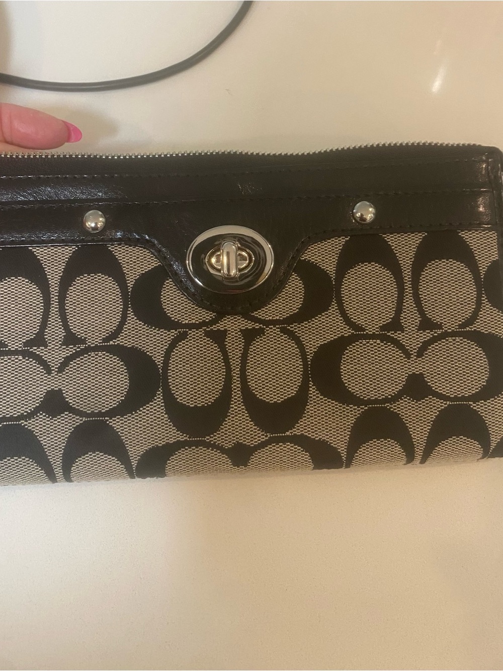 Coach Signature Canvas Turnlock Clutch in Black and Tan